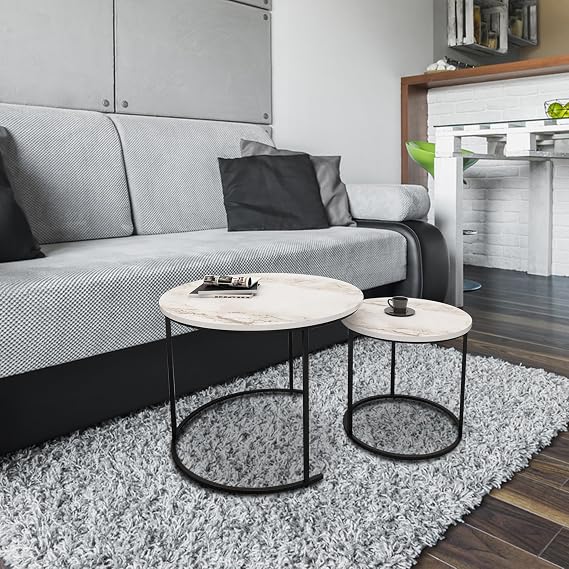 OUTLIVING Metal Frame Round Center Coffee Table Iron Tea Table Wooden Top Teapoy for Living Room, Bedroom Home Office Set of 2 (Black/White)