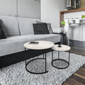 OUTLIVING Metal Frame Round Center Coffee Table Iron Tea Table Wooden Top Teapoy for Living Room, Bedroom Home Office Set of 2 (Black/White)