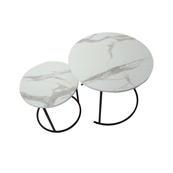 OUTLIVING Metal Frame Round Center Coffee Table Iron Tea Table Wooden Top Teapoy for Living Room, Bedroom Home Office Set of 2 (Black/White)