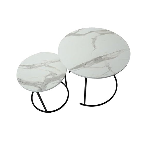 OUTLIVING Metal Frame Round Center Coffee Table Iron Tea Table Wooden Top Teapoy for Living Room, Bedroom Home Office Set of 2 (Black/White)